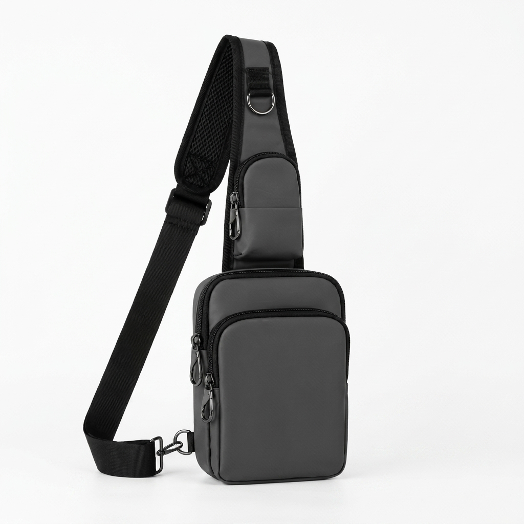 Bild 11/11 – vierte Farbvariante, anthrazit/dunkelgrau mit schwarzem Riemen, freigestellt:
"Safewaist Anti-Diebstahl Sling Bag in grau – abschließbare Bauchtasche mit RFID-Schutz