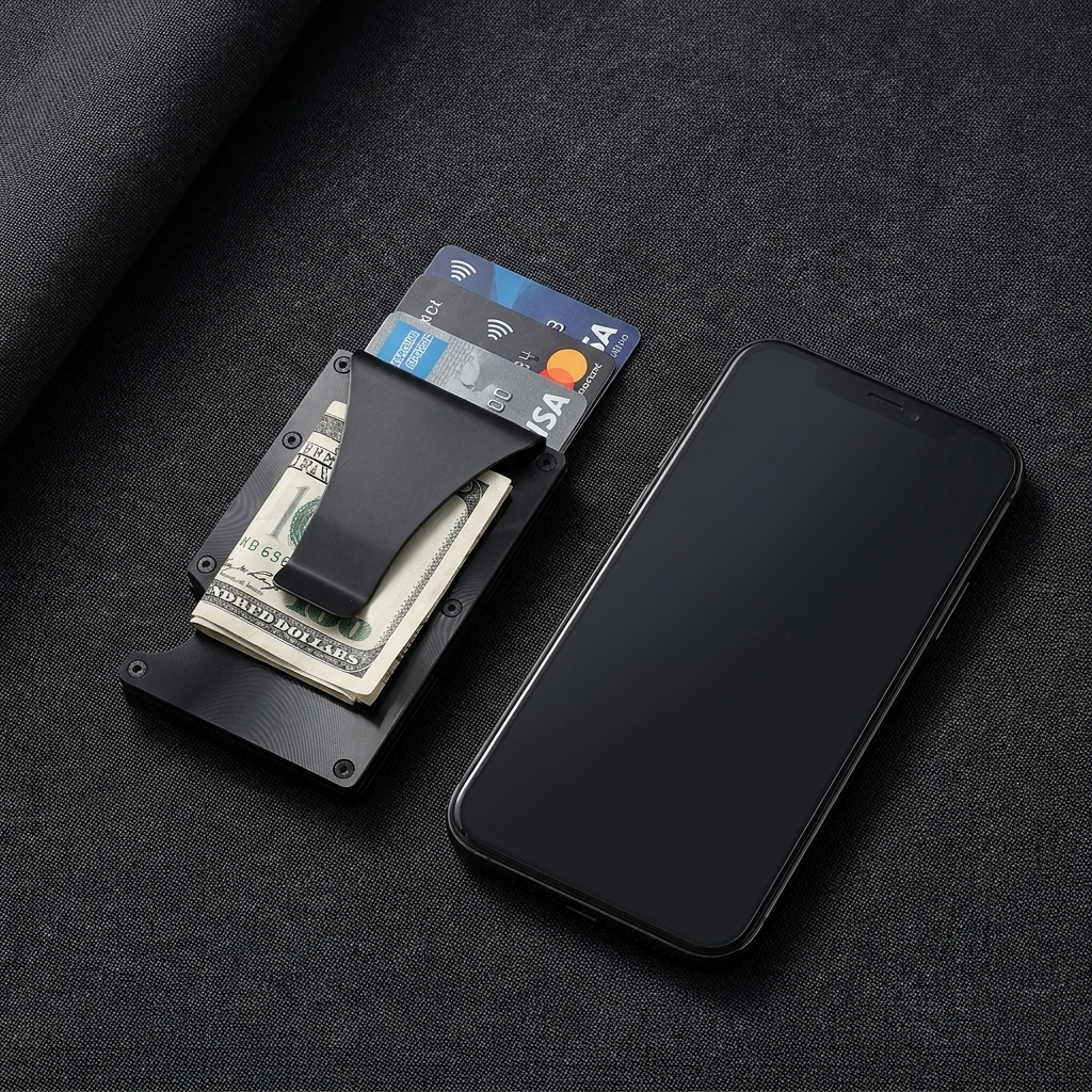 Safewaist Kartenetui mit Karten und Bargeld neben Smartphone – kompaktes RFID-Portemonnaie