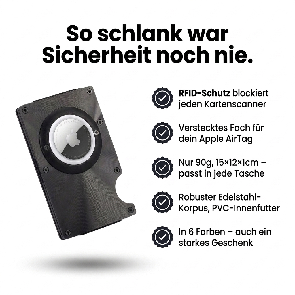 Safewaist RFID-Kartenetui mit AirTag-Fach – schlankes Portemonnaie aus Edelstahl mit Kartenschutz
