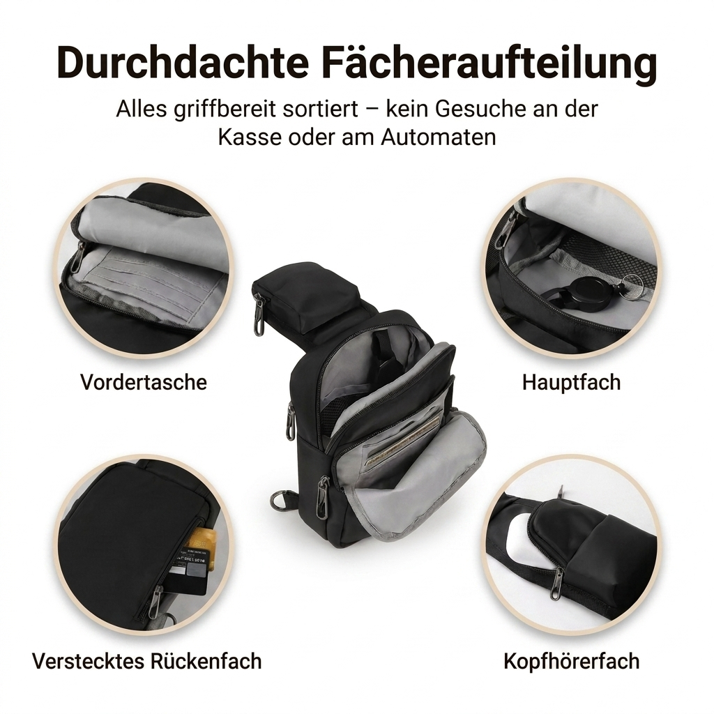 Safewaist Sling Bag Fächeraufteilung – Vordertasche, Hauptfach, verstecktes Rückenfach und Kopfhörerfach