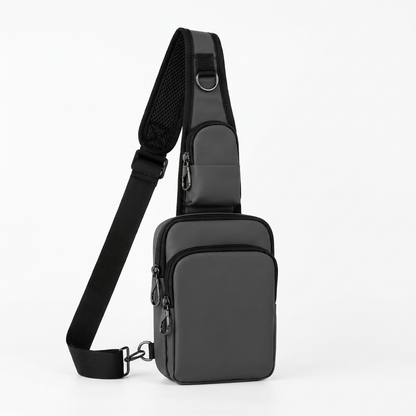 Bild 11/11 – vierte Farbvariante, anthrazit/dunkelgrau mit schwarzem Riemen, freigestellt:

"Safewaist Anti-Diebstahl Sling Bag in grau – abschließbare Bauchtasche mit RFID-Schutz