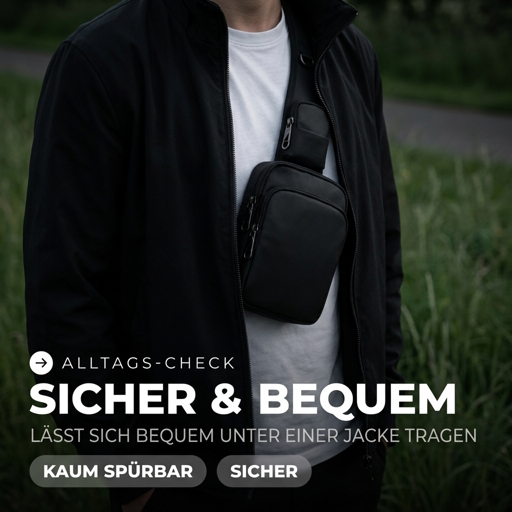Safewaist Sling Bag unter der Jacke getragen – dezent, kaum spürbar und sicher am Körper