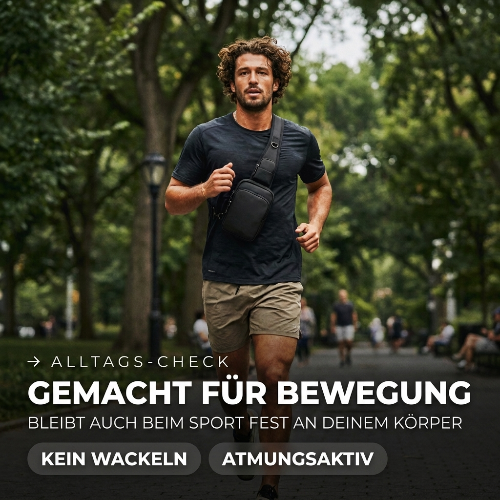 Mann joggt mit Safewaist Sling Bag – wackelfreier Sitz und atmungsaktiver Tragegurt beim Sport