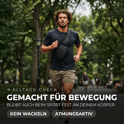 Mann joggt mit Safewaist Sling Bag – wackelfreier Sitz und atmungsaktiver Tragegurt beim Sport