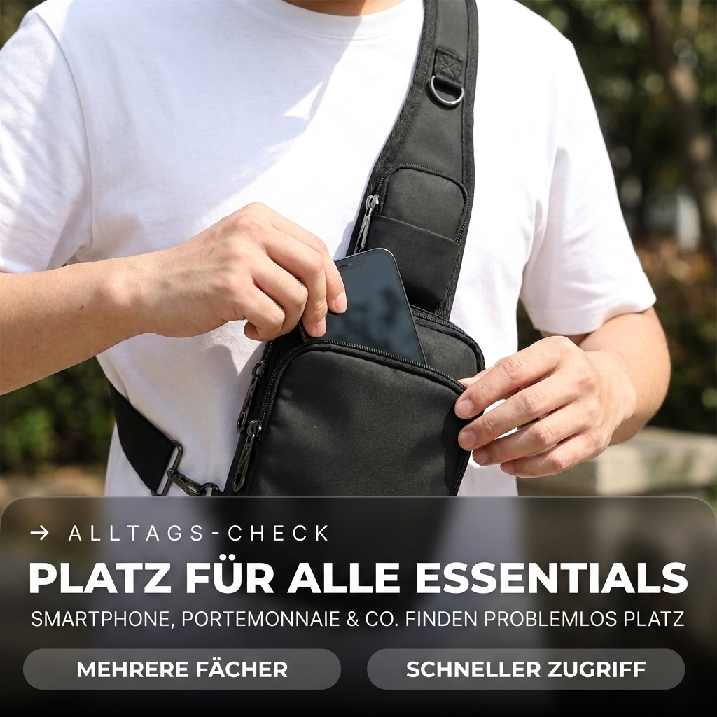 Safewaist Sling Bag mit Smartphone – geräumiges Hauptfach für Alltags-Essentials und schnellen Zugriff