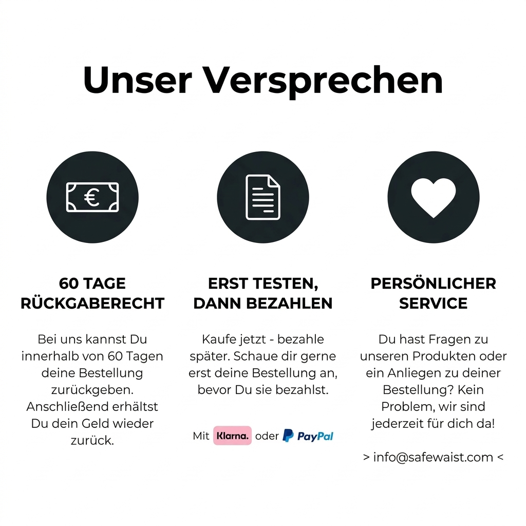 Safewaist Versprechen – 60 Tage Rückgaberecht, Kauf auf Rechnung mit Klarna und persönlicher Kundenservice