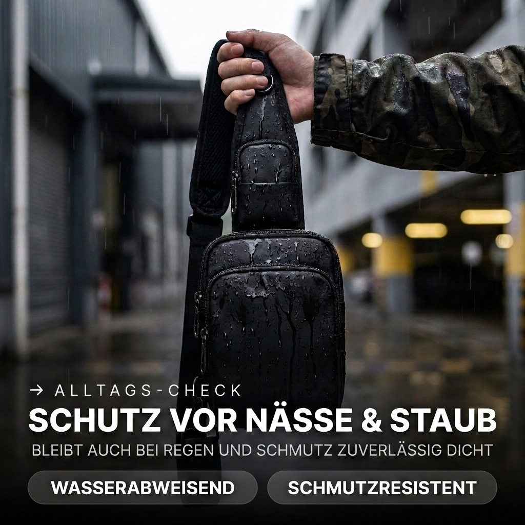 Safewaist Sling Bag im Regen – wasserabweisendes Material schützt zuverlässig vor Nässe und Schmutz